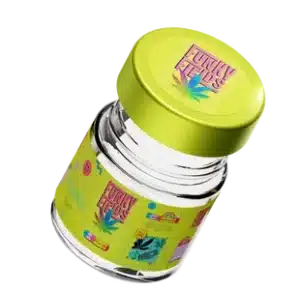 Bright yellow cannabis glass jar with "Funky Buds" branding and colorful decorative elements.