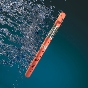 A customizable orange 510 cart battery surrounded by splashing water droplets, symbolizing innovation and freshness, set against a gradient blue background. The sleek design features metallic accents and a minimalist button.