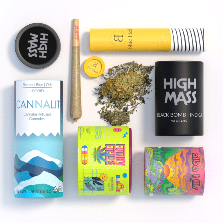A flat lay of ATID eco-friendly, child-resistant cannabis packaging, including jars, tubes, and pouches. The lineup features products like the black "High Mass" jar, yellow "Blue Herb" pre-roll tube, and colorful edible packaging such as the "Cannalit" gummy container, alongside loose cannabis flower and pre-rolls.