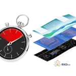 A stopwatch with red highlighting the urgency of time, next to layered packaging materials representing RXDco’s fast cannabis labeling process.