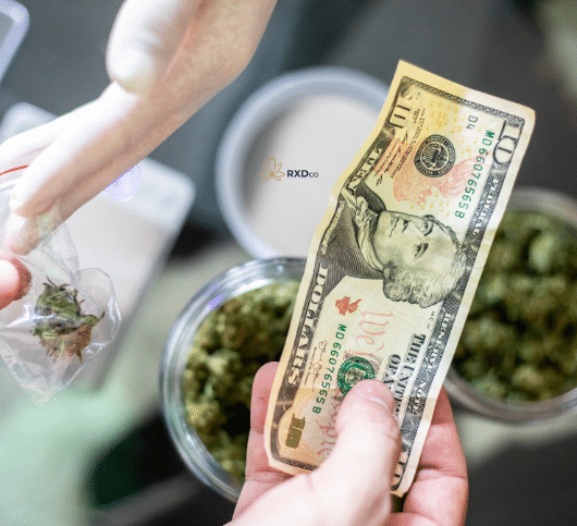 Cannabis transaction with flower and $10 bill showcasing retail point of sale.