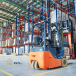 Forklift navigating organized cannabis packaging warehouse by RXDco.