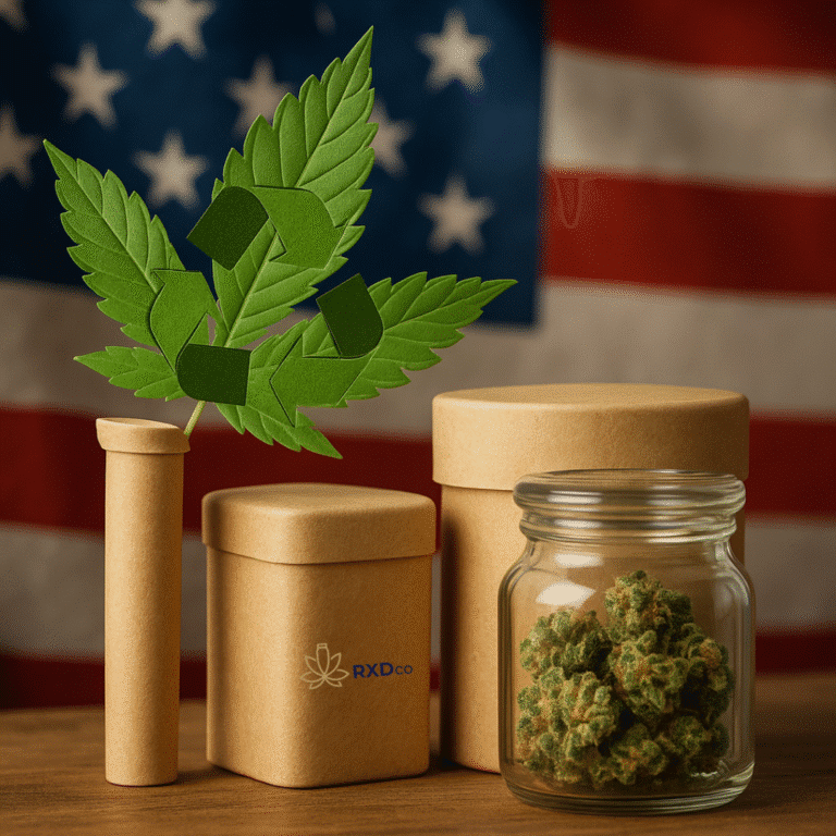 Biodegradable cannabis packaging including a kraft paper pouch with recycling symbol, glass jar of buds, and paper-based tubes, with a cannabis leaf and U.S. flag behind.