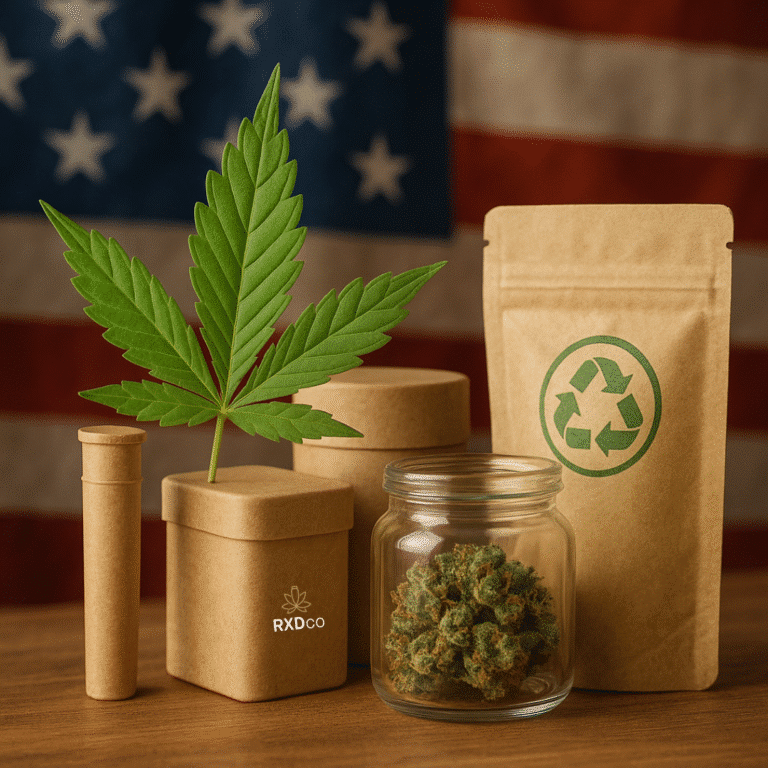 Eco-friendly cannabis packaging featuring a glass jar with buds and biodegradable kraft paper containers, with a cannabis leaf and American flag in the background.