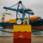 Shipping containers and a ticking clock beside a money bag symbolize rising costs and delays cannabis businesses face amid changing tariff laws.