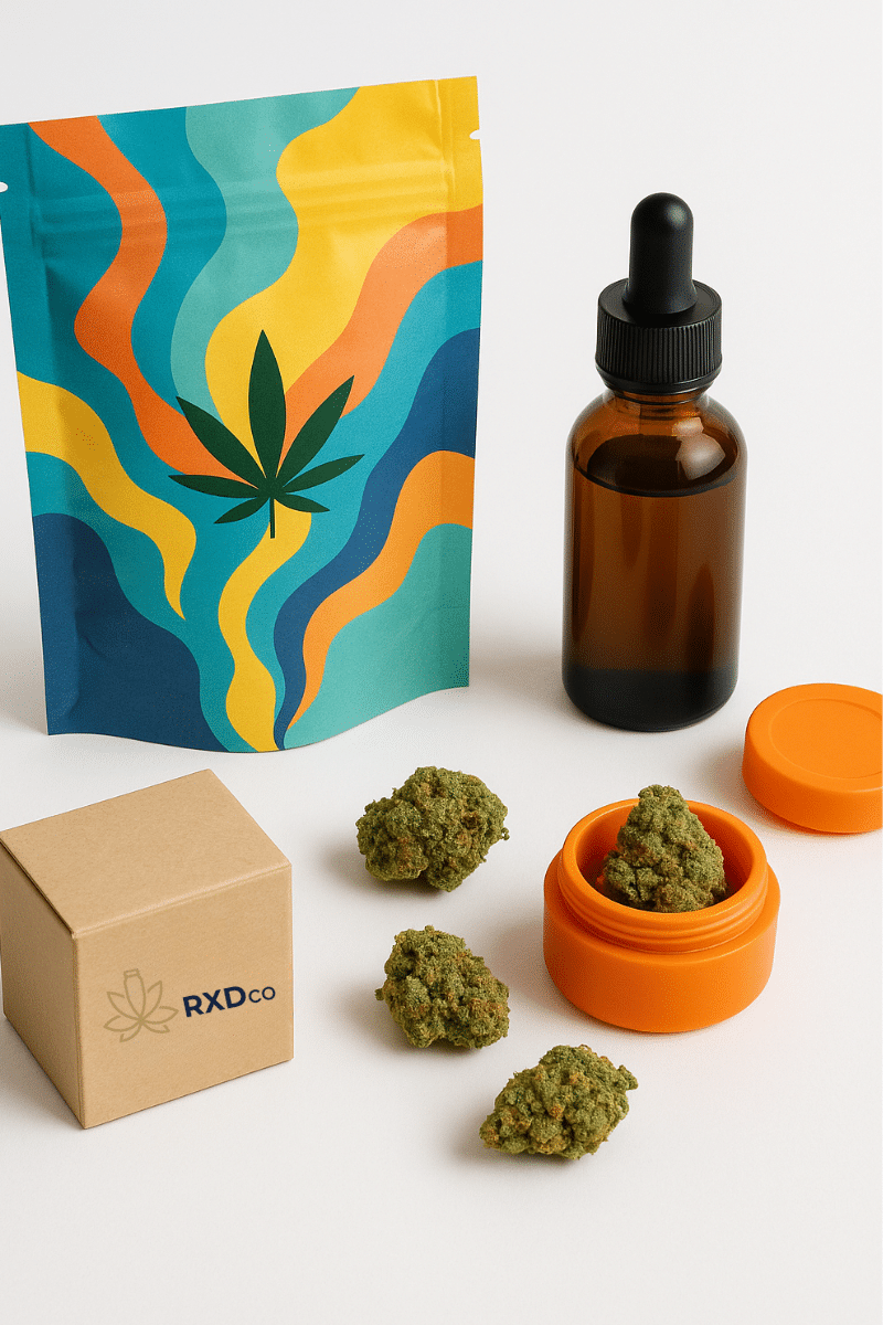 Custom cannabis packaging for flower, edibles, and tinctures displayed with colorful pouch, orange jar, dropper bottle, and RXDco box
