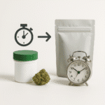 White cannabis jar and pouch with stopwatch icon and alarm clock showing fast turnaround in packaging.