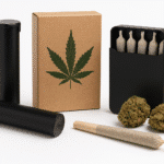 Assorted black and kraft pre-roll tubes, cannabis joint, pre-roll multipack case, and cannabis buds with a box displaying a cannabis leaf icon.