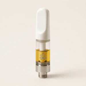 White ceramic 510 vape cartridge with RXDco logo, filled with golden cannabis oil on beige background.