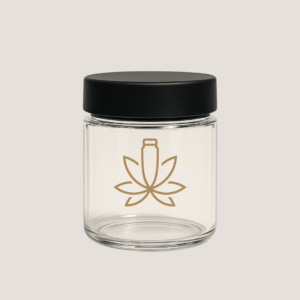 Clear cannabis jar with black lid and gold-printed marijuana leaf and pre-roll icon