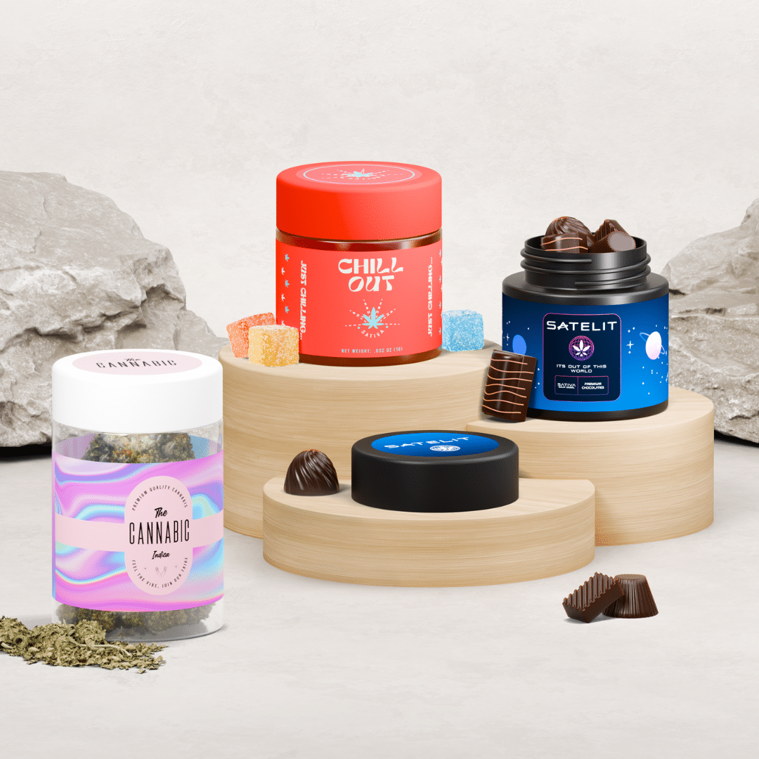 Branded cannabis jars with colorful labels and infused edibles displayed on wood pedestals