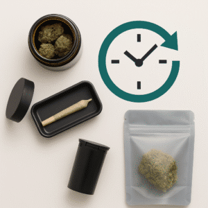 Overhead view of cannabis packaging containers—glass jar, pop-top vial, Mylar pouch, and pre-roll case—arranged around a teal clock icon representing fast turnaround times.